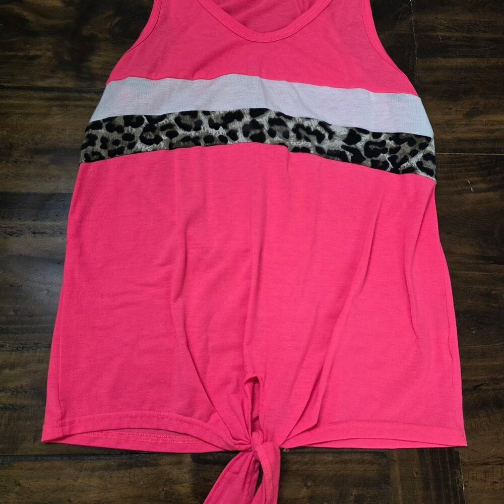 ​Hot Pink Front Tie Tank Top with Leopard Stripe Small